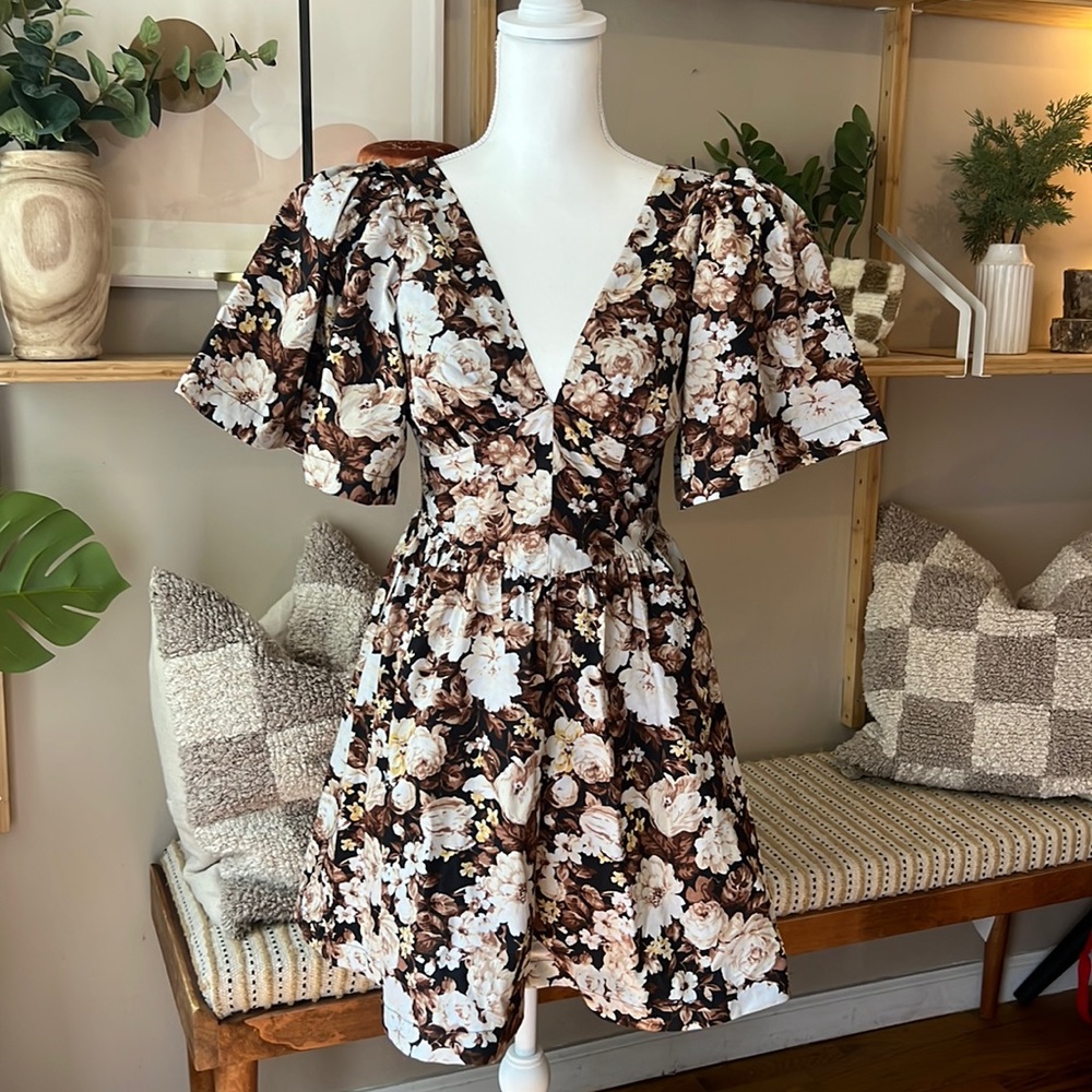 Abercrombie & Fitch brown floral puff sleeve mini dress